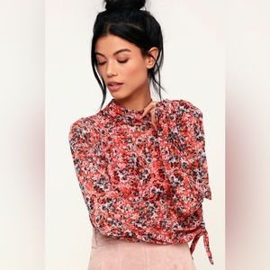 Free People All Dolled Up Red Floral Print Mesh Long Sleeve Crop Top size Small